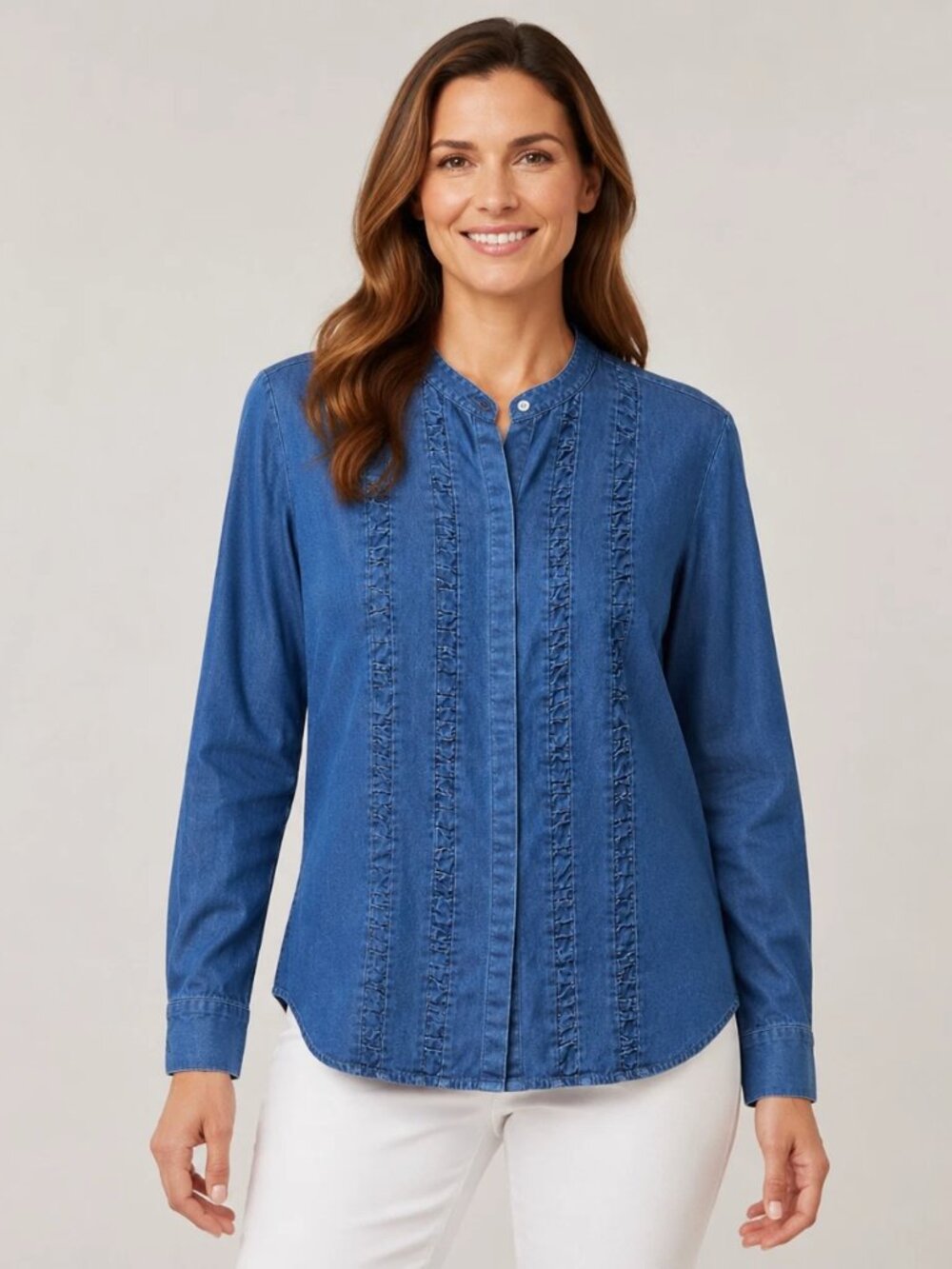 Talbots Shirt Women's L Blue Chambray Pintuck Button Up Long Sleeve Boho Coastal